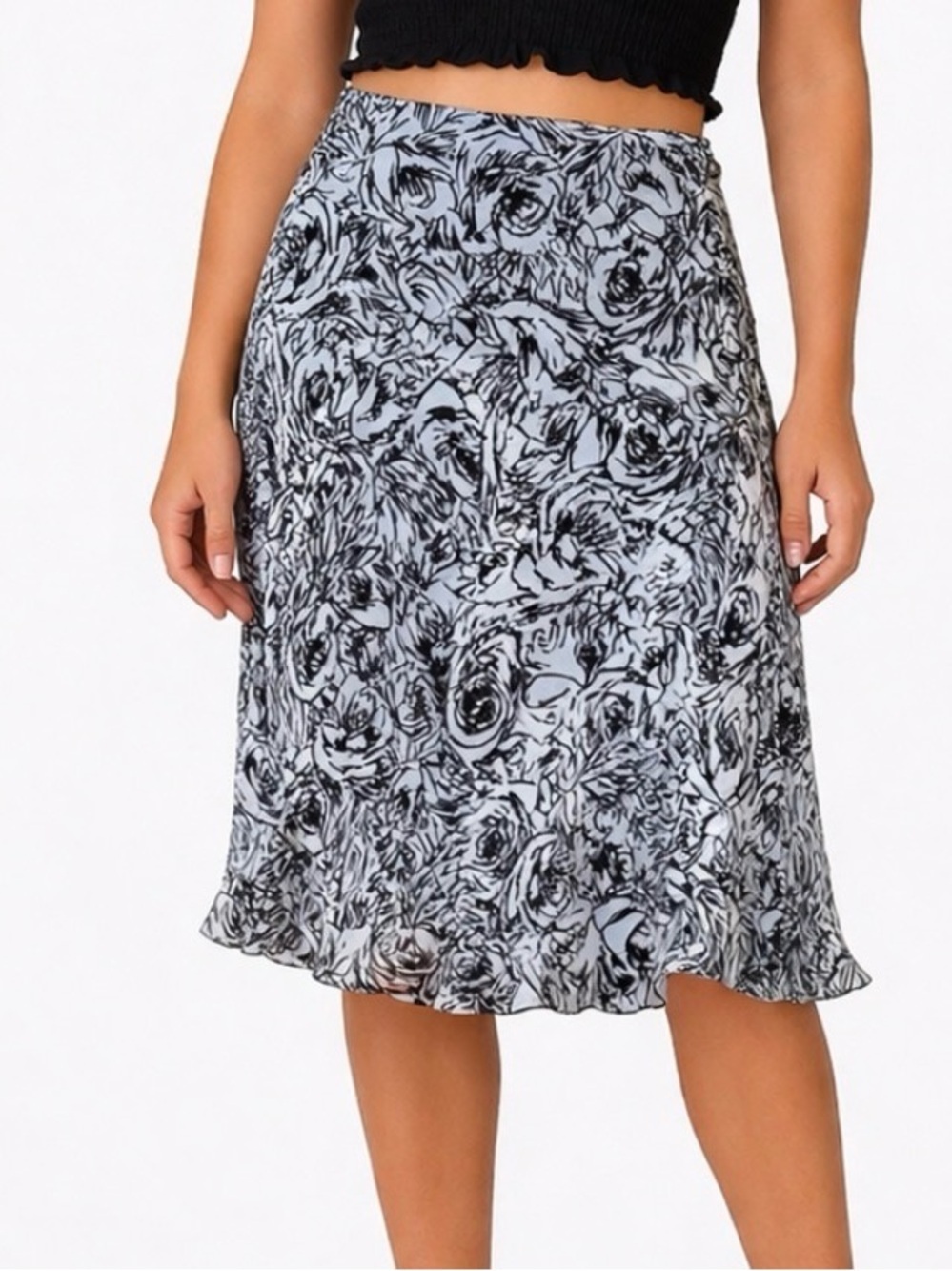 Nine West Pleated Silk Midi Skirt Black & white SZ 2